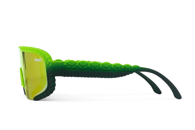 side view gulf shore kids' sunglasses in gator glare green showing gator textured arms