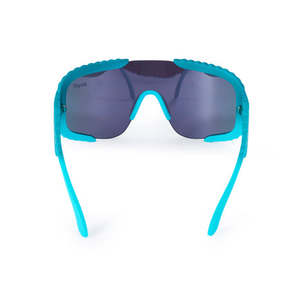 product shot of the back of gulf shore kids' sunglasses in siesta sea featuring a vibrant blue color and shield lens