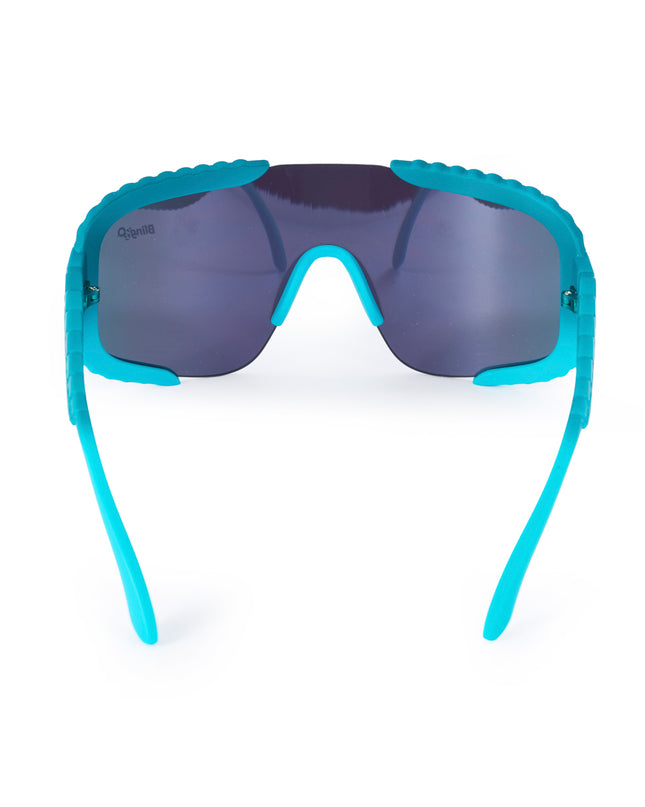 product shot of the back of gulf shore kids' sunglasses in siesta sea featuring a vibrant blue color and shield lens