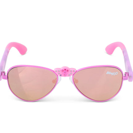 front view of hampton beach sunglasses in bright bubblegum showing an aviator frame with mirrored lens and a crown nose piece and mermaid tail themed arms of sunglasses
