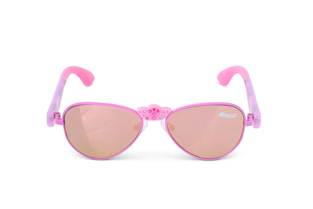 front view of hampton beach sunglasses in bright bubblegum showing an aviator frame with mirrored lens and a crown nose piece and mermaid tail themed arms of sunglasses
