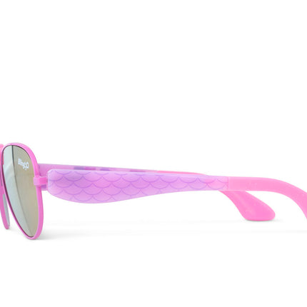 side view of hampton beach sunglasses in bright bubblegum showing an aviator frame with mirrored lens and a crown nose piece and mermaid tail themed arms of sunglasses