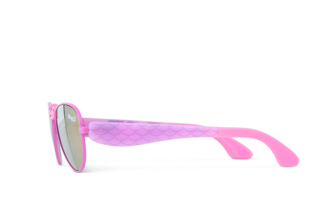 side view of hampton beach sunglasses in bright bubblegum showing an aviator frame with mirrored lens and a crown nose piece and mermaid tail themed arms of sunglasses
