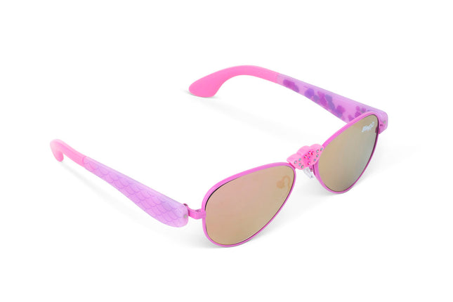 angled view of hampton beach sunglasses in bright bubblegum showing an aviator frame with mirrored lens and a crown nose piece and mermaid tail themed arms of sunglasses