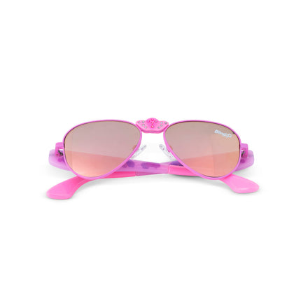 hampton beach sunglasses in bright bubblegum showing an aviator frame with mirrored lens and a crown nose piece and mermaid tail themed arms of sunglasses