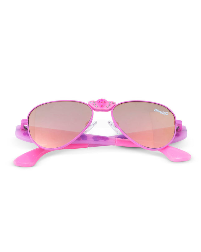 hampton beach sunglasses in bright bubblegum showing an aviator frame with mirrored lens and a crown nose piece and mermaid tail themed arms of sunglasses