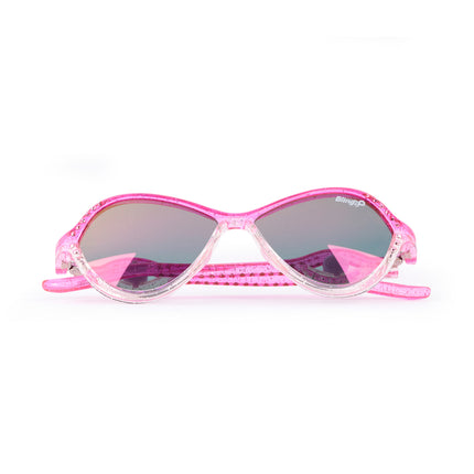 folded product shot of heart beach kids' sunglasses in rosa romance showing a pink and white frame with pink rhinestones on the frame and arm with a heart insignia in a loop on the arm of the sunglass
