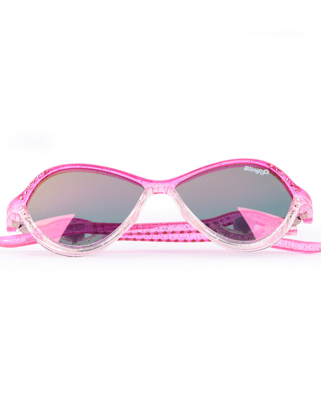 folded product shot of heart beach kids' sunglasses in rosa romance showing a pink and white frame with pink rhinestones on the frame and arm with a heart insignia in a loop on the arm of the sunglass