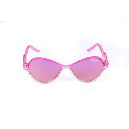 front product shot of heart beach kids' sunglasses in rosa romance showing a pink and white frame with pink rhinestones on the frame and arm with a heart insignia in a loop on the arm of the sunglass