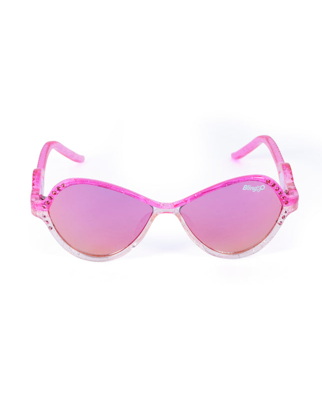 front product shot of heart beach kids' sunglasses in rosa romance showing a pink and white frame with pink rhinestones on the frame and arm with a heart insignia in a loop on the arm of the sunglass