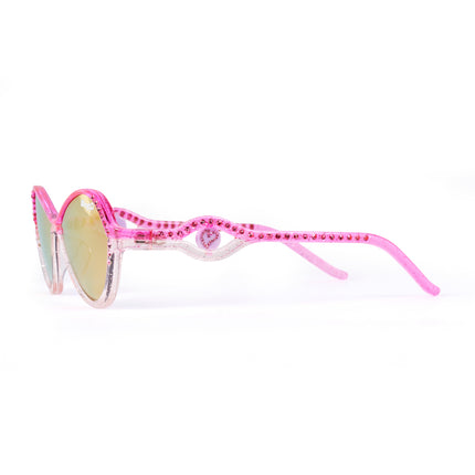 side product shot of heart beach kids' sunglasses in rosa romance showing a pink and white frame with pink rhinestones on the frame and arm with a heart insignia in a loop on the arm of the sunglass