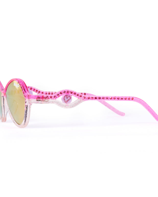 side product shot of heart beach kids' sunglasses in rosa romance showing a pink and white frame with pink rhinestones on the frame and arm with a heart insignia in a loop on the arm of the sunglass