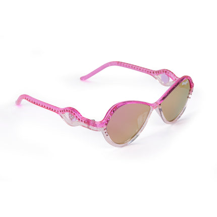 angled product shot of heart beach kids' sunglasses in rosa romance showing a pink and white frame with pink rhinestones on the frame and arm with a heart insignia in a loop on the arm of the sunglass