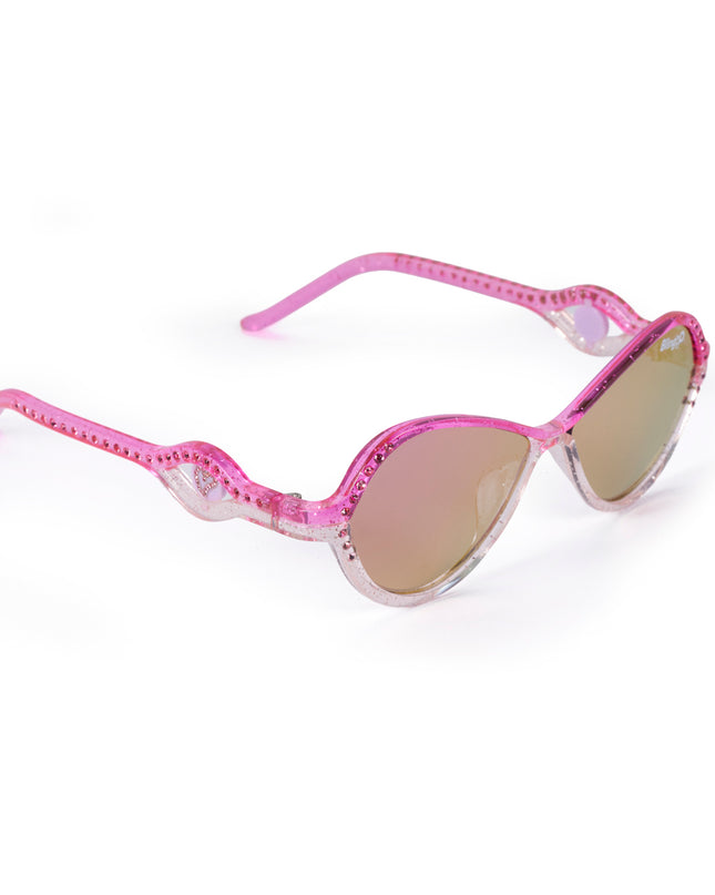 angled product shot of heart beach kids' sunglasses in rosa romance showing a pink and white frame with pink rhinestones on the frame and arm with a heart insignia in a loop on the arm of the sunglass