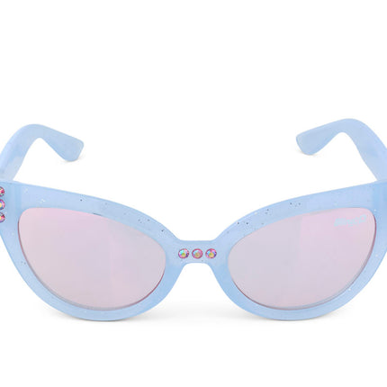 front view of malibu beach kids' sunglasses in bay blue showing baby blue frame and pink rhinestone detail