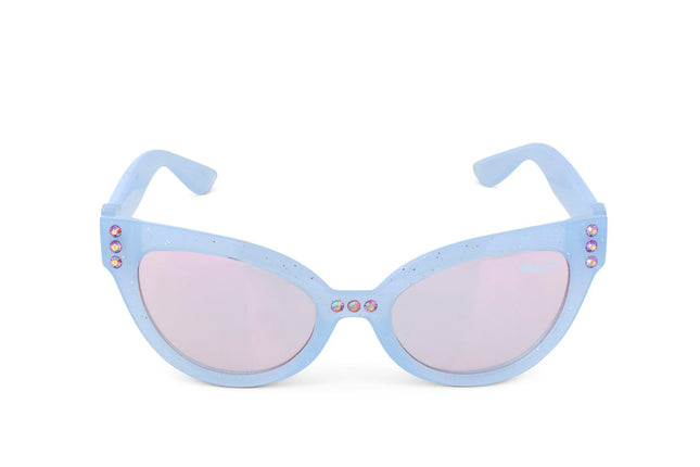 front view of malibu beach kids' sunglasses in bay blue showing baby blue frame and pink rhinestone detail