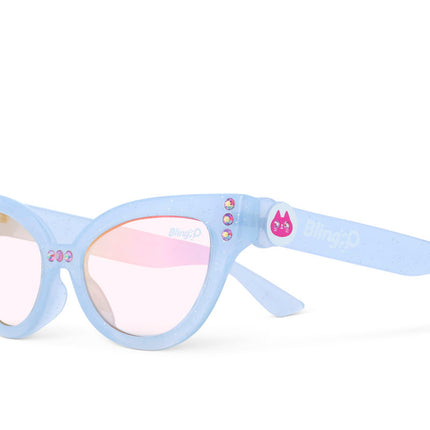 angled view of malibu beach kids' sunglasses in bay blue showing baby blue frame and pink rhinestone detail