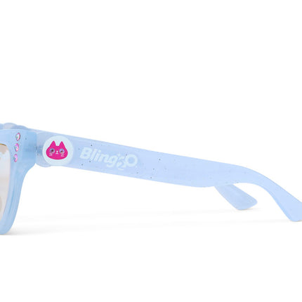 side view of malibu beach kids' sunglasses in bay blue showing baby blue frame and pink rhinestone detail