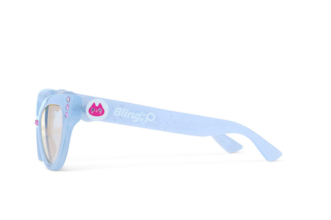 side view of malibu beach kids' sunglasses in bay blue showing baby blue frame and pink rhinestone detail