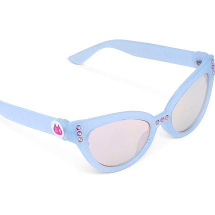 angled view of malibu beach kids' sunglasses in bay blue showing baby blue frame and pink rhinestone detail
