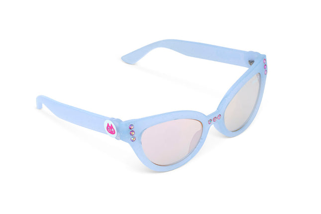 angled view of malibu beach kids' sunglasses in bay blue showing baby blue frame and pink rhinestone detail