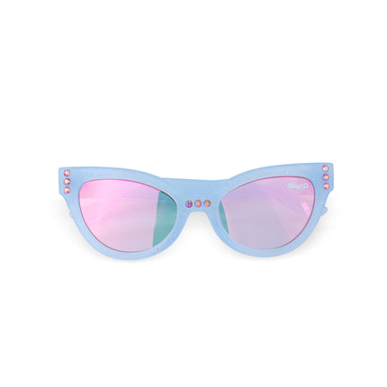 malibu beach kids' sunglasses in bay blue showing baby blue frame and pink rhinestone detail