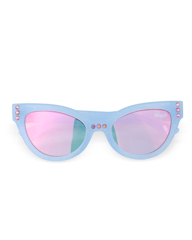 malibu beach kids' sunglasses in bay blue showing baby blue frame and pink rhinestone detail