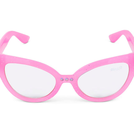 malibu beach kid's sunglasses in pisces pink to camera showing pink glitter frame and pink rhinestone detail