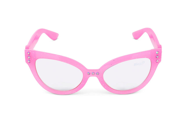 malibu beach kid's sunglasses in pisces pink to camera showing pink glitter frame and pink rhinestone detail