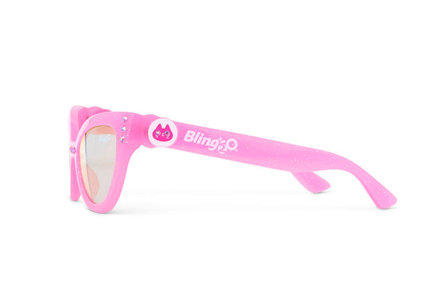 side view of malibu beach kid's sunglasses in pisces pink to camera showing pink glitter frame and pink rhinestone detail