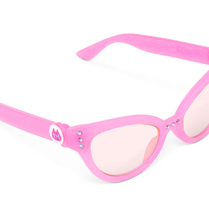 angled view of malibu beach kid's sunglasses in pisces pink to camera showing pink glitter frame and pink rhinestone detail