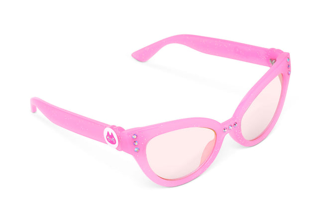 angled view of malibu beach kid's sunglasses in pisces pink to camera showing pink glitter frame and pink rhinestone detail