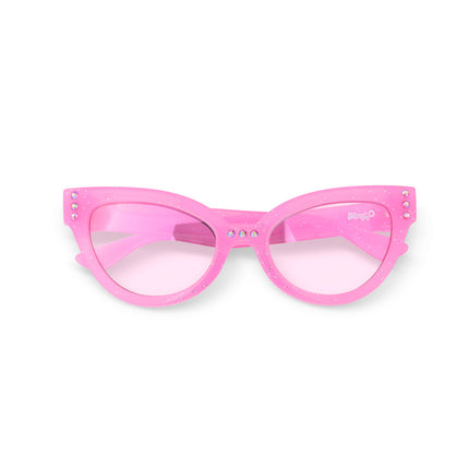 malibu beach kid's sunglasses in pisces pink to camera showing pink glitter frame and pink rhinestone detail