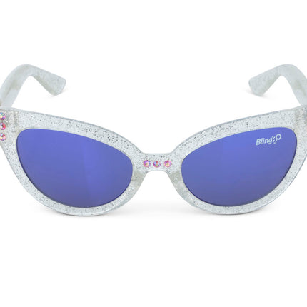 front view of malibu beach kids' sunglasses in starship sparkle showing a silver glitter infused frame and pink rhinestones