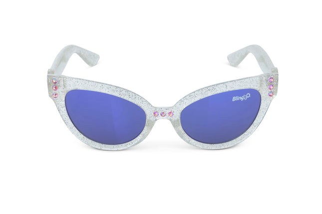 front view of malibu beach kids' sunglasses in starship sparkle showing a silver glitter infused frame and pink rhinestones