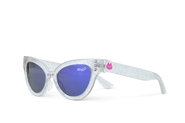 angled view of malibu beach kids' sunglasses in starship sparkle showing a silver glitter infused frame and pink rhinestones