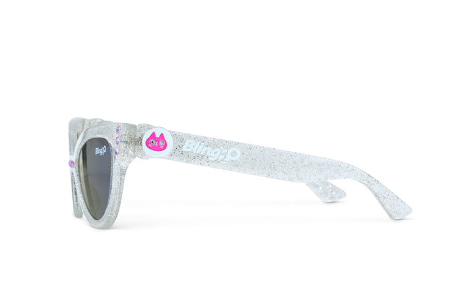 side view of malibu beach kids' sunglasses in starship sparkle showing a silver glitter infused frame and pink rhinestones