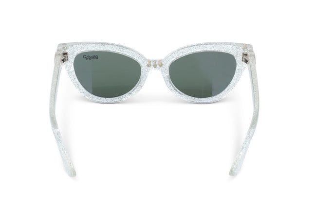 back view of malibu beach kids' sunglasses in starship sparkle showing a silver glitter infused frame