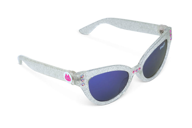 angled view of malibu beach kids' sunglasses in starship sparkle showing a silver glitter infused frame and pink rhinestones