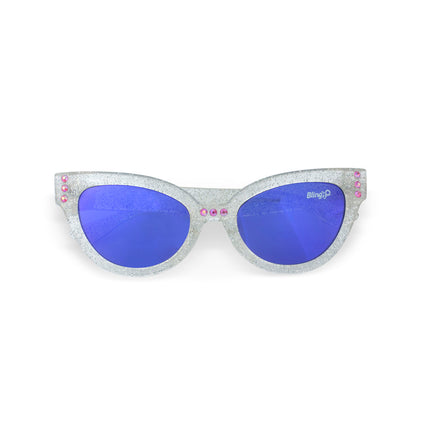 malibu beach kids' sunglasses in starship sparkle showing a silver glitter infused frame and pink rhinestones