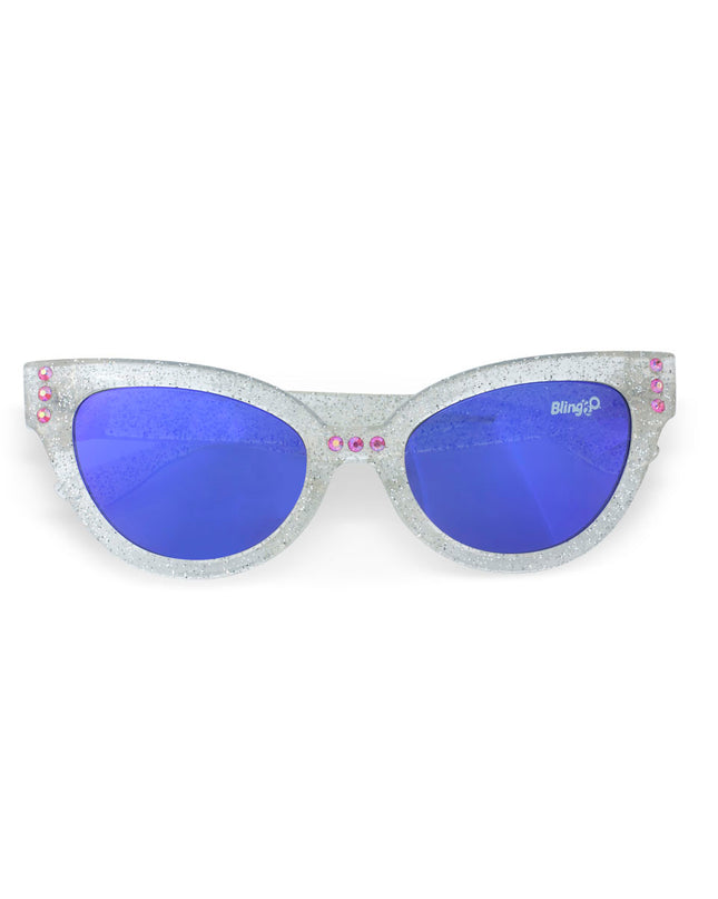 malibu beach kids' sunglasses in starship sparkle showing a silver glitter infused frame and pink rhinestones