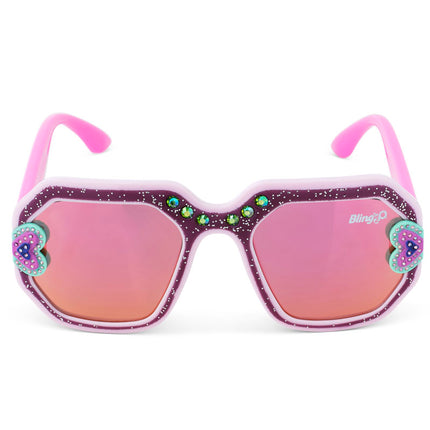 front view of miami beach kids' sunglasses in ultra violet showing a purple glitter infused square frame with hearts and rhinestone details and 3D glitter in the arms of the sunglasses