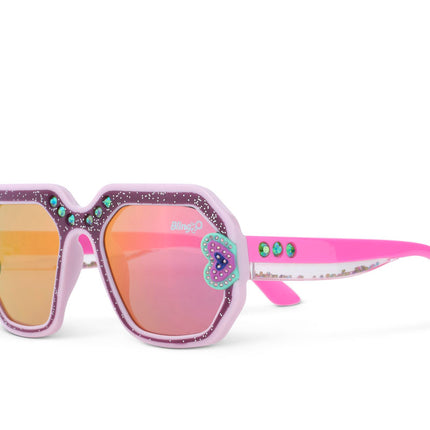 miami beach kids' sunglasses in ultra violet showing a purple glitter infused square frame with hearts and rhinestone details and 3D glitter in the arms of the sunglasses