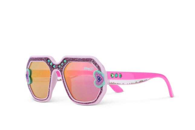miami beach kids' sunglasses in ultra violet showing a purple glitter infused square frame with hearts and rhinestone details and 3D glitter in the arms of the sunglasses