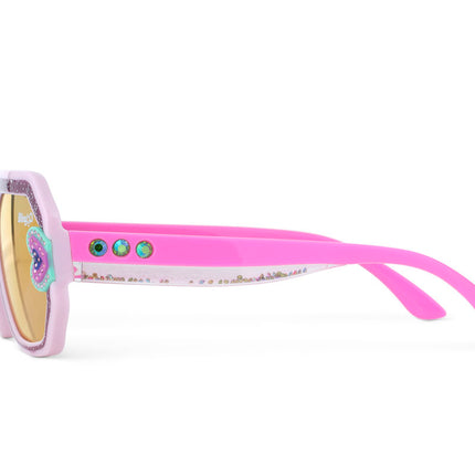 side view of miami beach kids' sunglasses in ultra violet showing 3D glitter in the arms of the sunglasses and rhinestone on the arms 