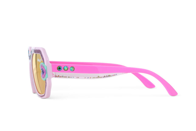 side view of miami beach kids' sunglasses in ultra violet showing 3D glitter in the arms of the sunglasses and rhinestone on the arms 