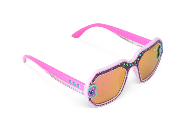 angled view of miami beach kids' sunglasses in ultra violet showing a purple glitter infused square frame with hearts and rhinestone details and 3D glitter in the arms of the sunglasses
