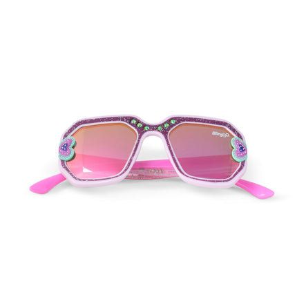 miami beach kids' sunglasses in ultra violet showing a purple glitter infused square frame with hearts and rhinestone details