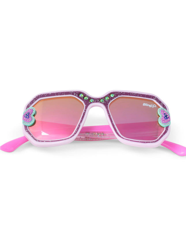 miami beach kids' sunglasses in ultra violet showing a purple glitter infused square frame with hearts and rhinestone details