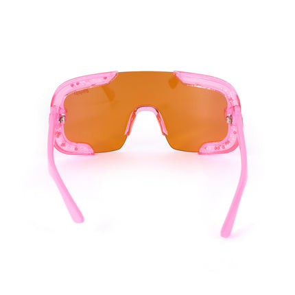 back product shot of pink sand kids' sunglasses in color sprinkle pink featuring shield frame with 3-d sprinkles in the frame, heart insignia and all pink frame and lens